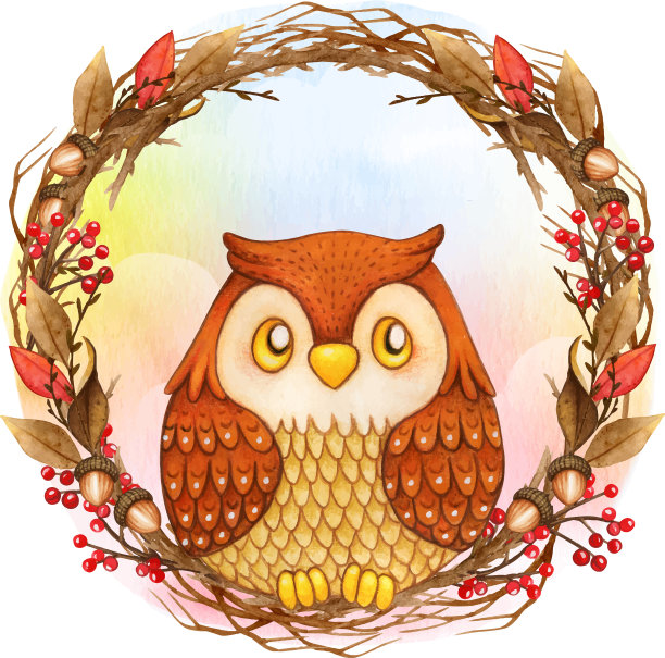 可爱的水彩画猫头鹰在冬枝上编了一个花环图片下载