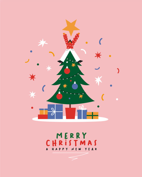 圣诞新年有趣卡通女孩松树卡图片下载