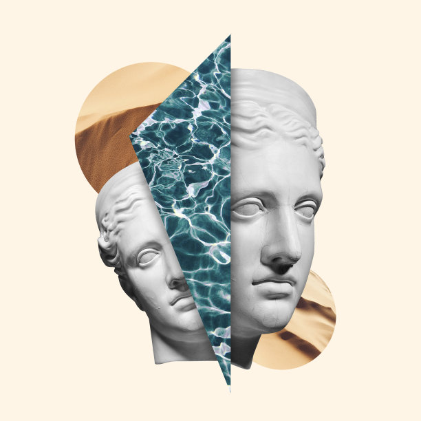 超现实主义风格的当代艺术拼贴与古董雕像头像。图片下载