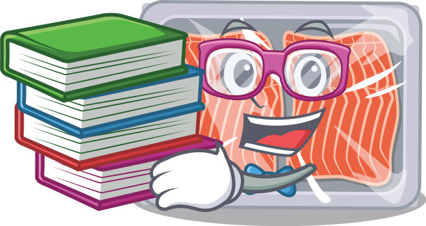 一个勤奋的学生在冷冻鲑鱼吉祥物设计图片下载