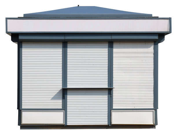 封闭的白色售货亭出售食品。孤立的图片下载