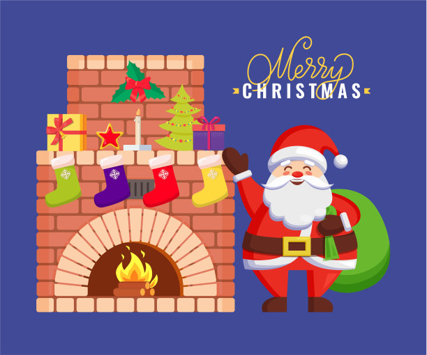 在壁炉边，拿着袋子问候圣诞老人图片下载