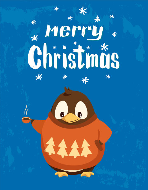 圣诞快乐，穿着毛衣，喝着热咖啡的企鹅图片下载
