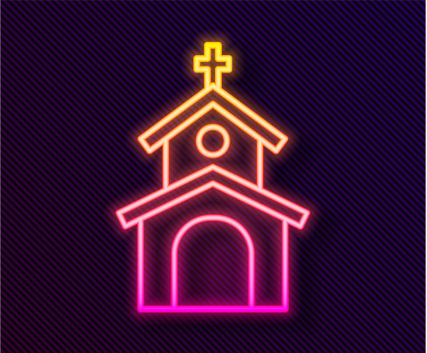 发光的霓虹灯线教堂建筑图标孤立上图片下载