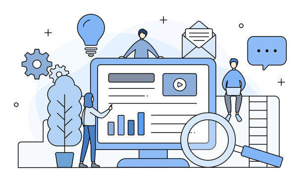 平面插图的桌面计算机与人和图标的业务和工作图像。图片下载