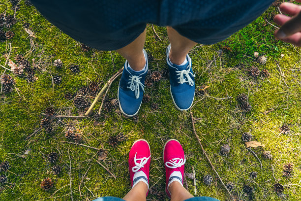 低头看着穿着彩色运动鞋的男男女女，站在有球果和树枝的绿草地上。一对情侣在夏日森林里散步。在自然中旅游和放松。数字排毒。图片下载