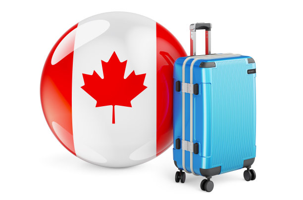 加拿大国旗手提箱。加拿大旅行概念，3D渲染孤立的白色背景图片下载