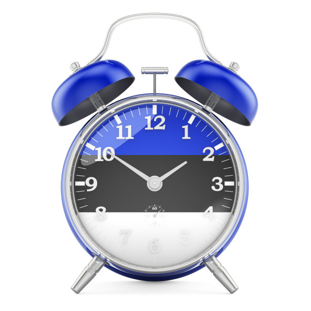 闹钟与国旗爱沙尼亚，3D渲染孤立在白色背景图片下载