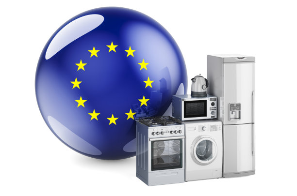 带有欧盟旗帜的厨房和家用电器。生产、采购和配送欧盟家电的概念。三维渲染图片下载