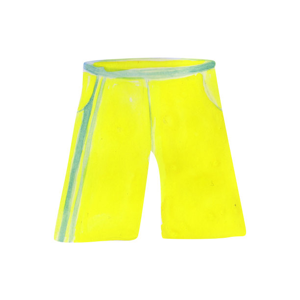 男性短裤孤立在白色背景。水彩泳装插图。有口袋的黄色短裤。为您的设计休闲服装剪贴画。夏天的短裤。图片下载