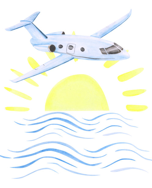 飞行的飞机，太阳和大海在白色的背景。水彩喷射在天空中。水下手绘飞机。图片下载