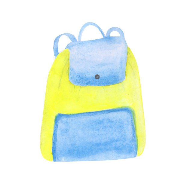 背包孤立在白色背景上。蓝色和黄色的袋子插图。书包剪报为您的设计。一种水彩袋。可爱的旅行配件。图片下载