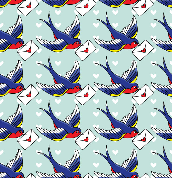 老校无缝图案与鸟和爱图片下载