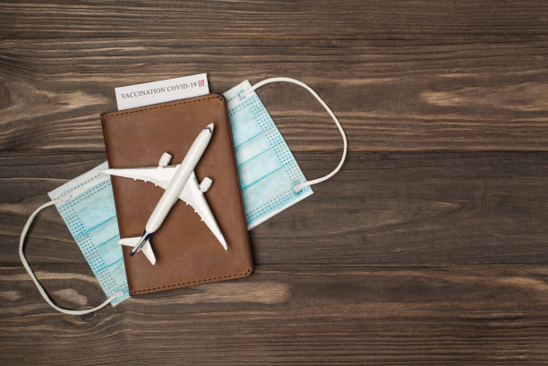 俯视图的飞机模型照片在皮革护照封面与疫苗接种卡和医疗口罩在孤立的木制桌子背景与拷贝空间图片下载