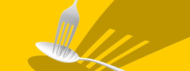 黄色背景上的勺子和叉子。用于设计一家餐厅、咖啡馆、披萨店。极简设计的厨房勺子和叉子的广告目的。3D渲染，3D渲染图片下载