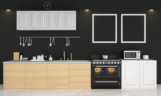 现代厨房黑色调背景，3D渲染图片下载