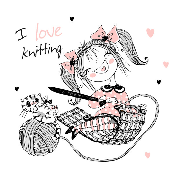 可爱的女孩针线女人用猫编织钩针。向量图片下载