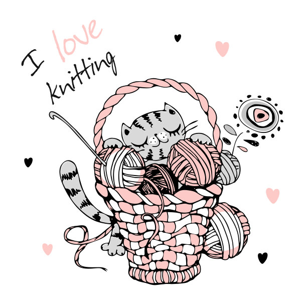 可爱的猫与一个大篮子的毛线球编织。向量图片下载