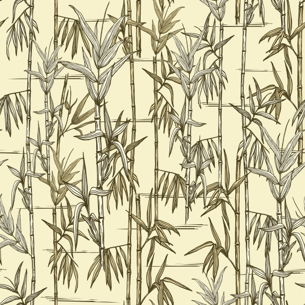 竹林从手绘植物轮廓在淡黄色无缝背景图片下载