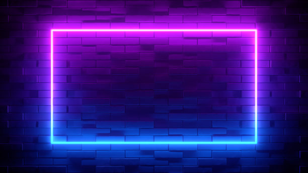 砖墙上的霓虹灯。发光的紫色的矩形。抽象背景，光谱鲜明的色彩。3 d渲染插图。图片下载