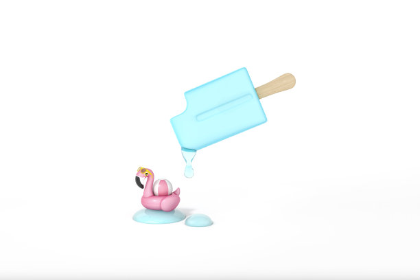 蓝色苏打棒冰淇淋融化与粉色火烈鸟浮，热带鸟形状的充气游泳池环在白色背景的3d渲染。3d插图夏季最小概念。图片下载