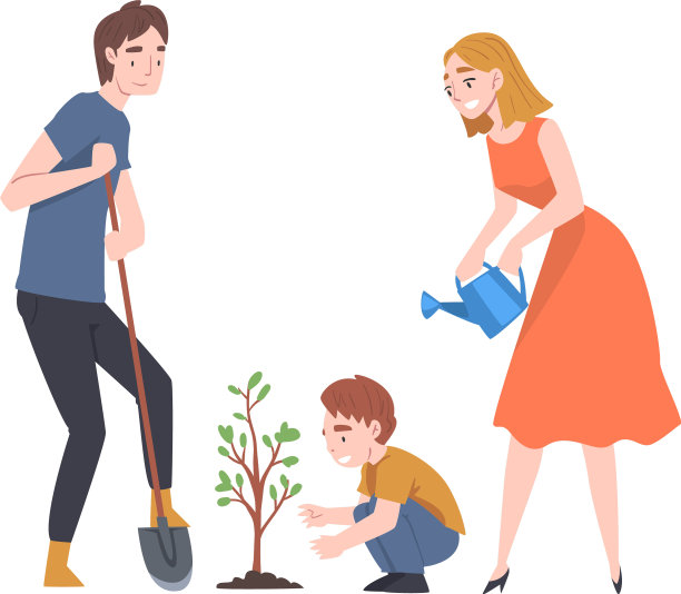 小家庭与小朋友一起植树育苗图片下载