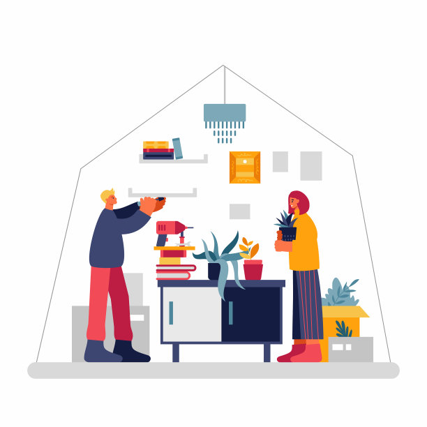 一对夫妇在新公寓里挂植物架子图片下载