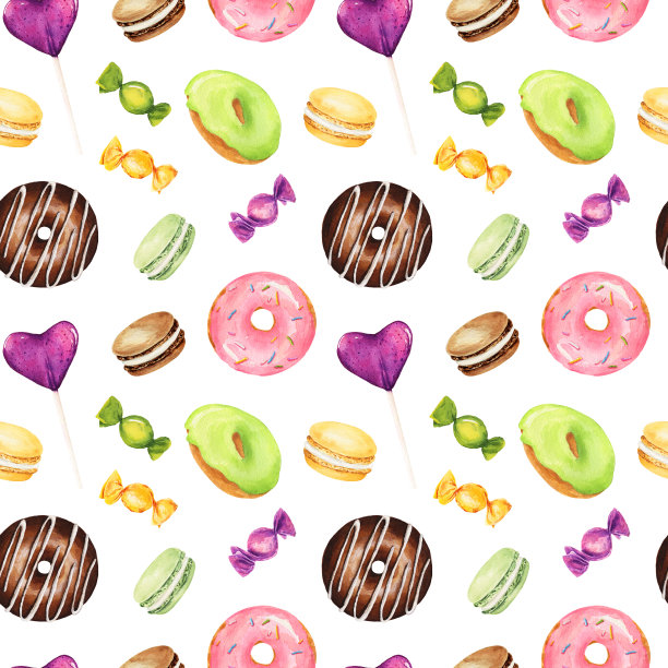 无缝模式与水彩甜甜圈，杏仁饼干和糖果孤立在白色背景。图片下载