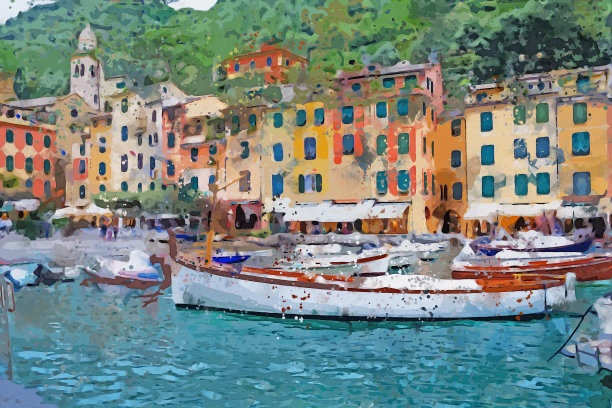水彩画的波托菲诺海岸美丽的小镇在意大利。图片下载