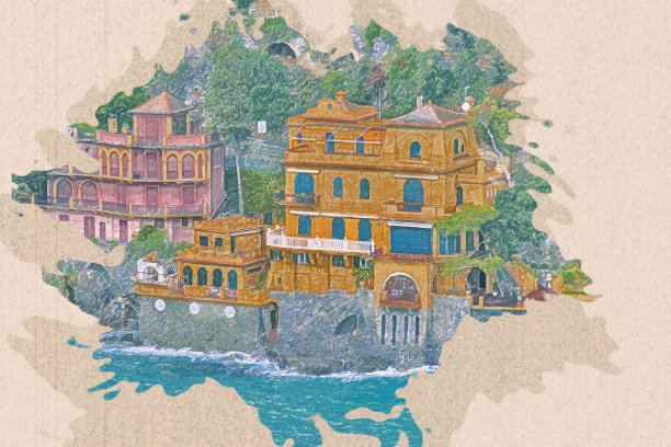 用彩色铅笔画意大利著名地标波托菲诺海岸风景，在旧牛皮纸上。图片下载