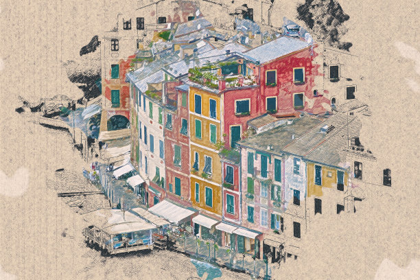 用彩色铅笔画意大利著名地标波托菲诺海岸风景，在旧牛皮纸上。图片下载