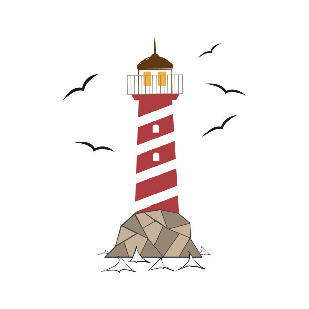 在岩石上的灯塔矢量插图。海鸥和海浪。在白色绝缘。标志、符号、设计元素。适用于广泛的设计应用。图片下载