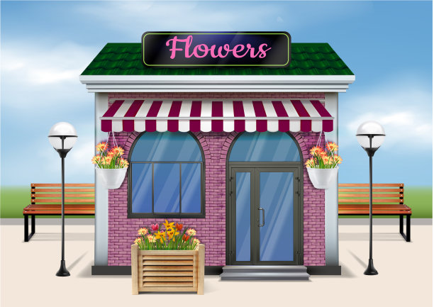 商店附近的花店长椅和台灯图片下载