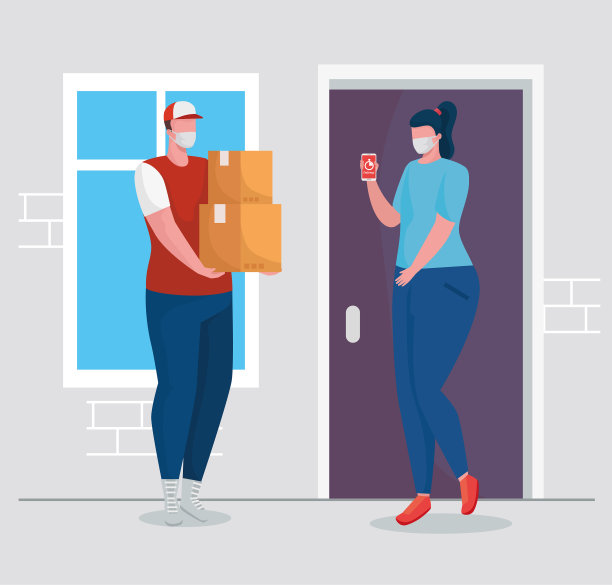 带医用口罩的快递员和女性图片下载