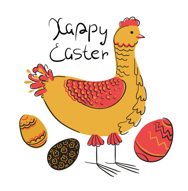 复活节贺卡风格简单。可爱的小鸡带着复活节彩蛋，旁边写着“复活节快乐”。图片下载