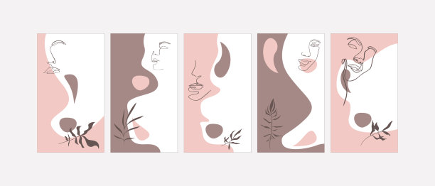 一套时尚极简主义风格的社交媒体故事模板。女性面部的线性轮廓。矢量插图。图片下载