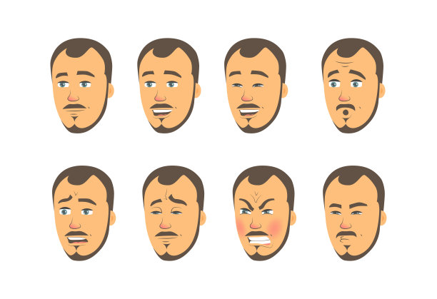 一组不同表情的男人的脸。矢量平面设计图片下载