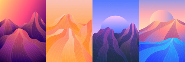 矢量插图景观设置。丘陵、高山、大海。线性波模式。条纹颜色背景。亚洲风格。设计版面，书籍封面，网页模板，小册子，卡片，海报，明信片图片下载