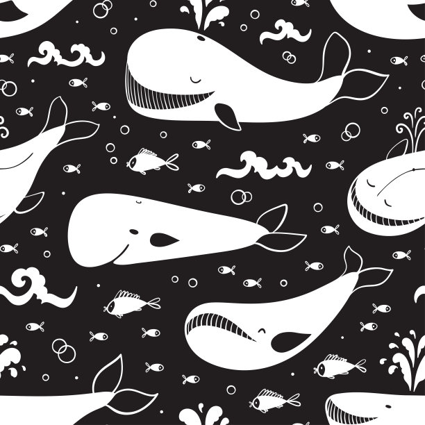 海洋动物背景儿童。矢量无缝模式与可爱的鲸鱼，鱼和海浪。卡通的海洋动物。图片下载