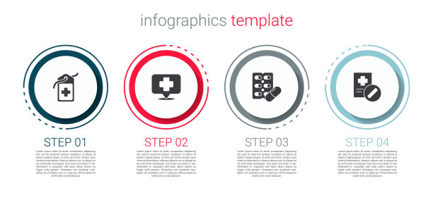 设置十字医院医疗标签，地图指针与十字，药丸吸塑包装和医疗处方。业务信息模板。向量图片下载
