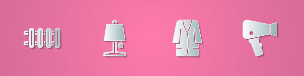 设置剪纸暖气散热器，台灯，浴衣和电吹风图标。纸艺术风格。向量图片下载