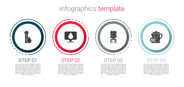 设置试管与水滴，水位置，冷却器和壶过滤器。业务信息模板。向量图片下载
