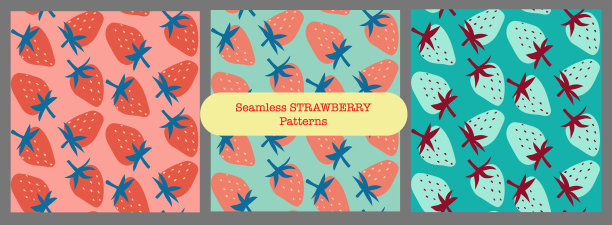 草莓上鲜艳多彩的背景无缝图案，矢量图片下载