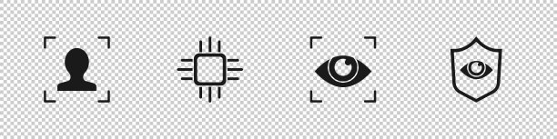 设置人脸识别，处理器微电路CPU，眼睛扫描，盾牌和眼睛图标。向量图片下载