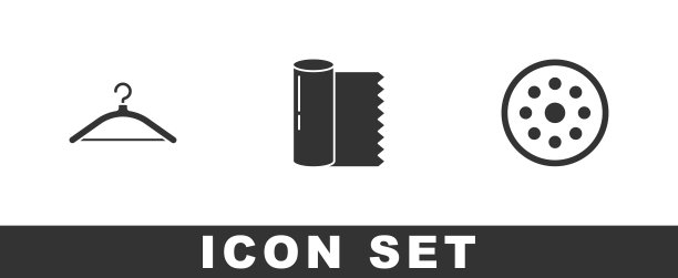 设置衣架衣柜，纺织面料卷和缝纫按钮图标。向量图片下载
