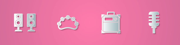 设置剪纸立体声扬声器，手鼓，吉他放大器和麦克风图标。纸艺术风格。向量图片下载