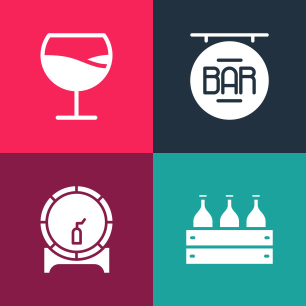 设置波普艺术酒瓶在一个木盒子，木桶架上，街道招牌与酒吧和葡萄酒杯图标。向量图片下载