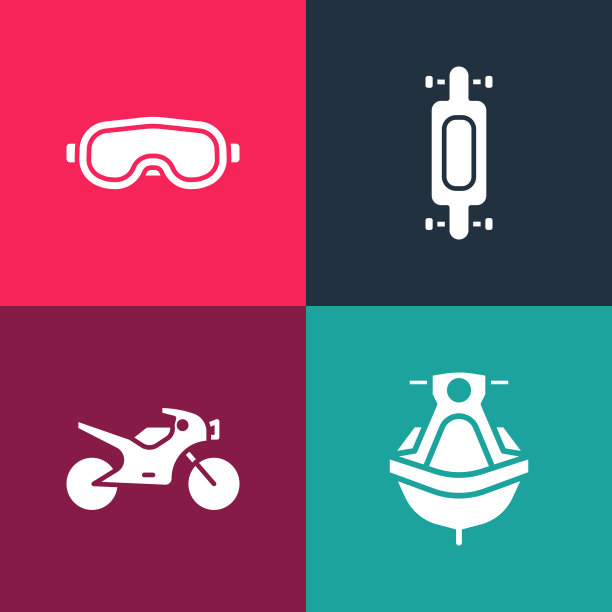 设置流行艺术摩托艇，摩托车，长板滑板和滑雪护目镜图标。向量图片下载