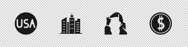 设置美国标签，城市景观，大峡谷和硬币与美元图标。向量图片下载