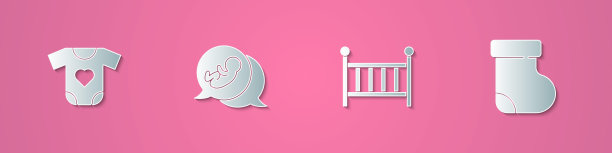 套装剪纸婴儿衣服，婴儿床摇篮和袜子图标。纸艺术风格。向量图片下载